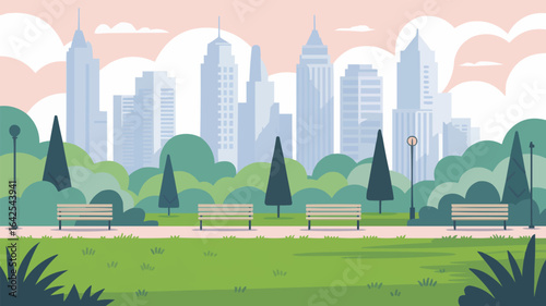 Park with benches and city silhouette skyline urban