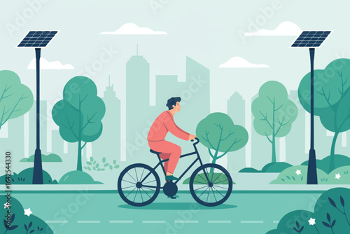 Person cycling in city park with solar powered streetlights