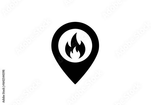 Black Location Pin with Fire Icon Inside Vector Illustration.