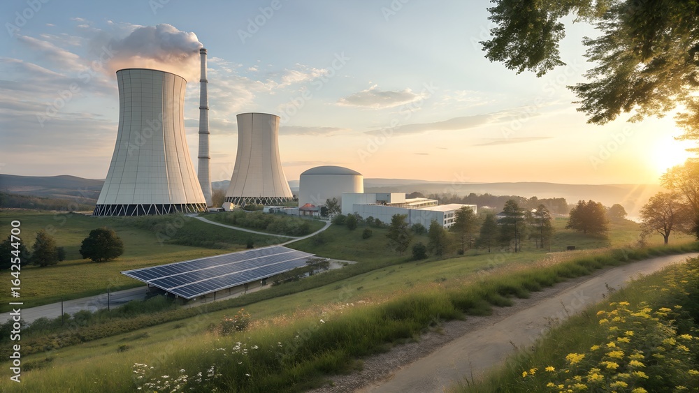 A nuclear power plant generates electricity by using controlled nuclear fission to produce heat, which drives turbines connected to generators, providing large-scale, low-carbon energy. A nuclear power plant generates electricity by using controlled nuclear fission to produce heat, which drives turbines connected to generators, providing large-scale, low-carbon energy.