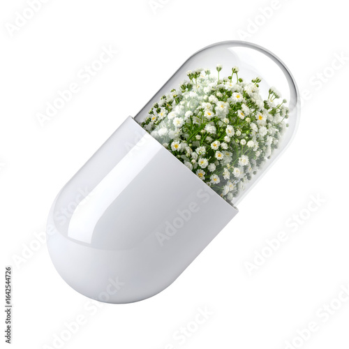 White capsule filled with light green particles