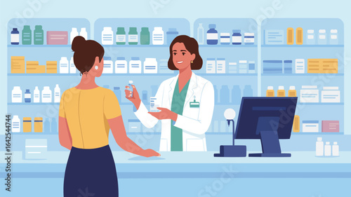 Pharmacist consulting with customer at counter pharmacy