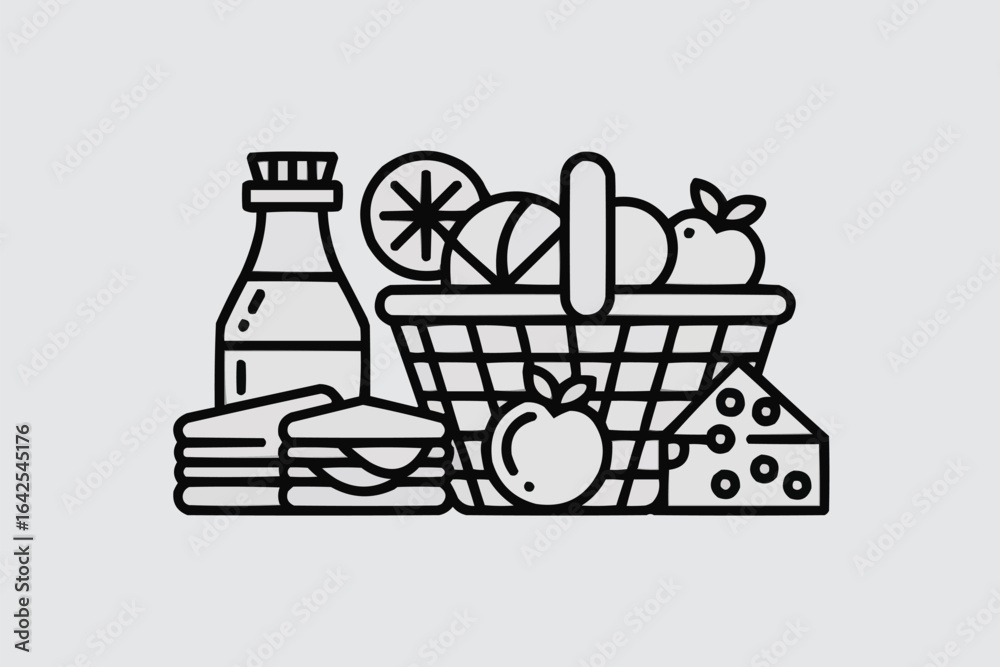 Naklejka premium Picnic Food Basket Line Icon Keywords: picnic, food, basket, bottle, sandwich, fruit, cheese