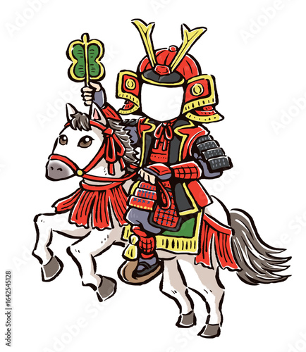 馬に乗った甲冑姿の武将の顔ハメ素材
