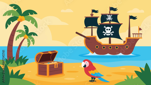 Pirate ship sailing near tropical island with treasure chest and parrot