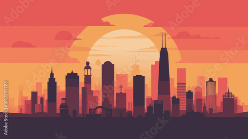Pixel Art City Skyline At Sunset cityscape sunrise