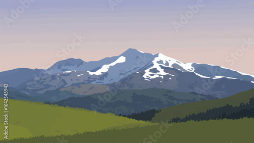 Pixel art majestic snow capped mountain range at dusk