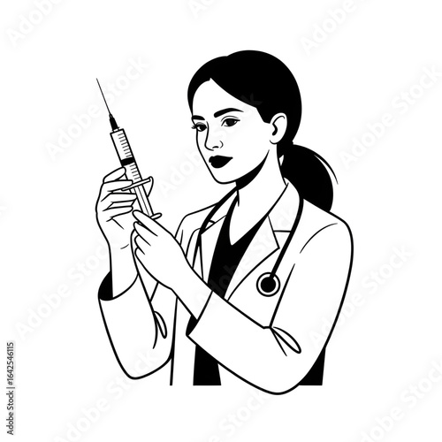 Line art of a doctor is pushing an injection