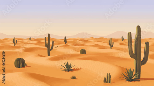 Pixelated desert scene with saguaro cacti and rolling sand dunes