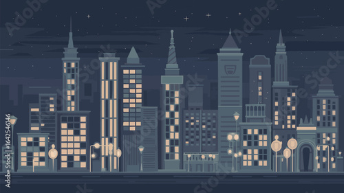 Pixelated cityscape at night with illuminated windows and streetlights