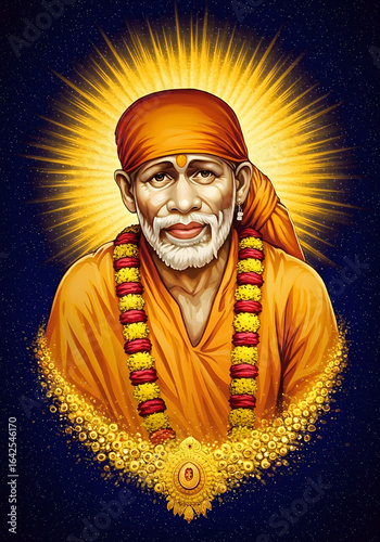 Divine Portrait of Shirdi Sai Baba with Golden Halo and Floral Garlands - Spiritual Art.