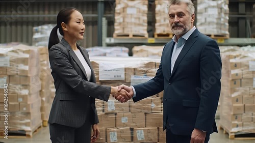 Successful Partnership: Business People Shaking Hands in a Warehouse Environment showing