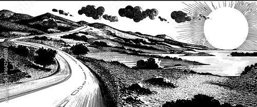 Abstract black and white landscape of a road with cold grunge texture hand drawn comic style black and white illustration