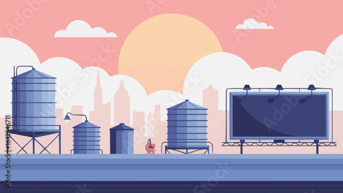 Rooftop cityscape with water towers and billboard at sunset