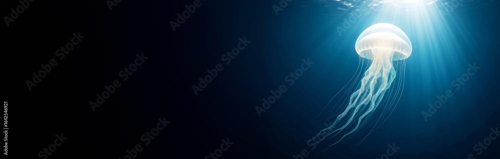 Naklejka premium Glowing jellyfish floating in deep ocean with sun rays above and dark empty space for text or design on the left side of the image. Ai generative