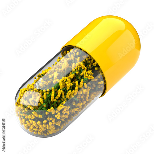Yellow medicine capsule filled with golden granules