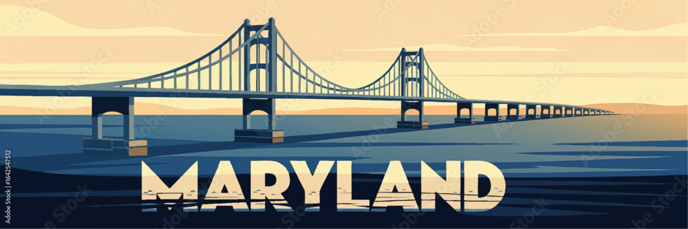 Obraz premium Maryland Chesapeake Bay Bridge Illustration – Scenic Sunrise, Vintage Travel Poster Style, Coastal Landmark Vector Art