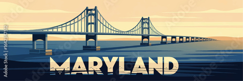 Maryland Chesapeake Bay Bridge Illustration – Scenic Sunrise, Vintage Travel Poster Style, Coastal Landmark Vector Art