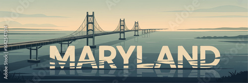Maryland Chesapeake Bay Bridge Vector Illustration with Sunrise Water Reflection, Scenic Landscape Art for Travel and Tourism Design