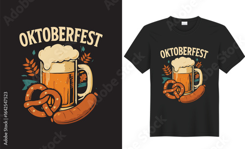 Oktoberfest t-shirt design featuring frothy beer mugs, pretzels, and Bavarian patterns in bold colors, celebrating German tradition with festive typography, rustic charm, and cheerful vibes for beer .