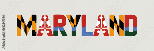 Maryland Text Graphic with State Flag Colors and Symbols, Modern Typography Art on White Background for Posters and Souvenirs