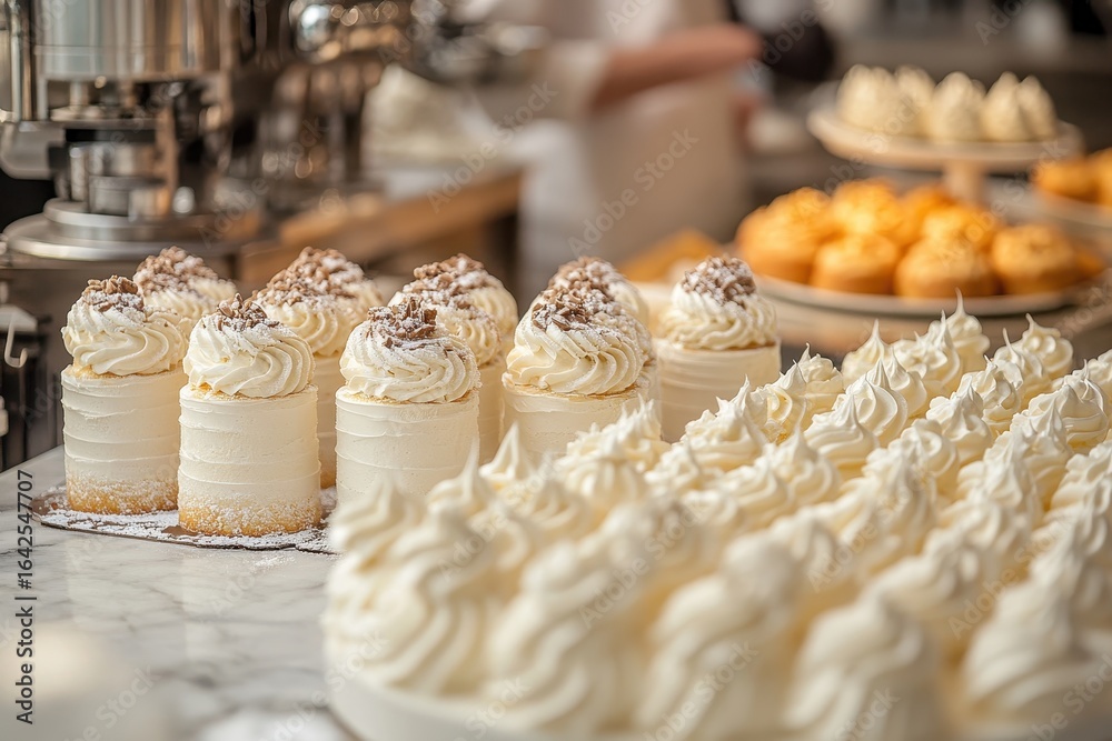 Naklejka premium Elegant Display of Creamy White Cakes and Cupcakes in Bakery