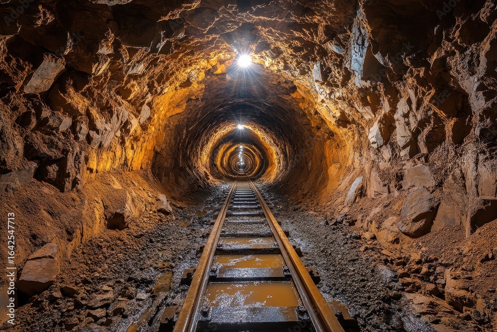 Naklejka premium Dark Underground Tunnel with Railway Tracks and Illuminated Ceiling