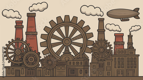Steampunk city with gears and flying airships cityscape