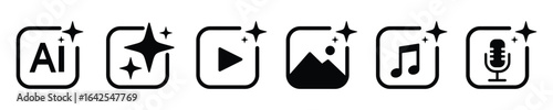 AI Generative icon set, containing magic sparkle stars button, video, audio, text, image, music, artificial intelligence, vector illustration