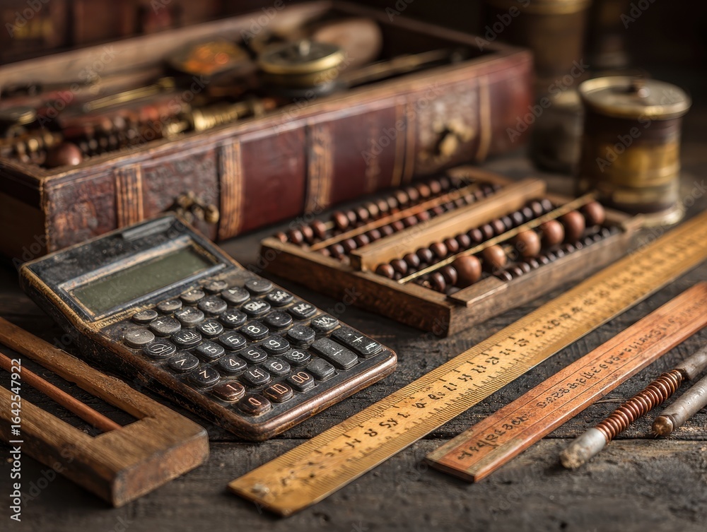 Antique Calculator, Abacus, & Tools on Wooden Desk Antique Calculator, Abacus, & Tools on Wooden Desk