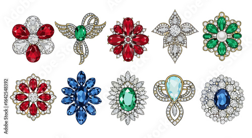 Collection of ten jewel encrusted brooches with various shapes and gemstone colors displayed on white
