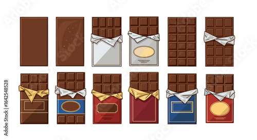 Illustration showing stages of chocolate bar unwrapping and different wrapper designs in a row format