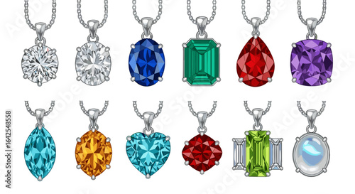 Collection of gemstone pendants with silver chains in various shapes and vibrant colors displayed together