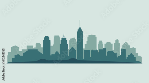Teal and Green City Skyline Silhouette with Hills Keywords: city, skyline, silhouette, urban