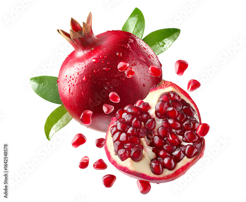 Sliced pomegranate with falling seeds isolated on a transparent background