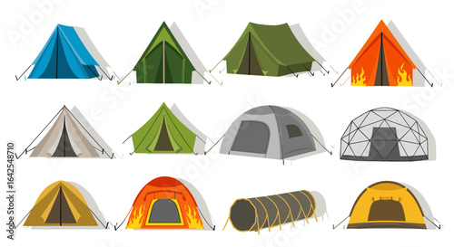 Illustration showing a collection of various camping tents in different shapes and colors on white background