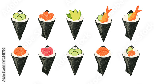 Collection of temaki sushi cones with various fillings arranged on a white background surface view