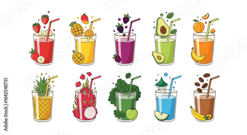 Illustration showing ten glasses filled with colorful fruit and vegetable smoothies or juices