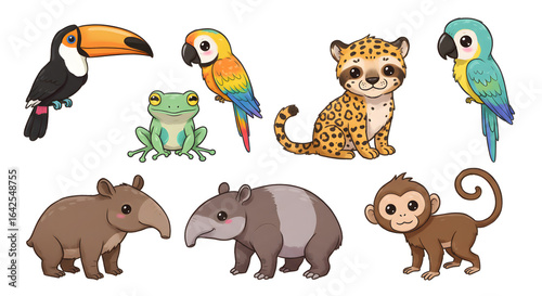 Adorable collection of tropical rainforest animals. Vector illustration set with cute characters like jaguar, toucan, parrot, frog, tapir, and monkey.