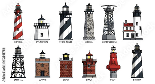 Illustration showing a collection of various lighthouse designs including conical cylindrical and striped towers