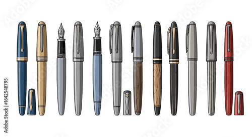 A collection of various fountain pens standing upright with their caps placed beside them in a row