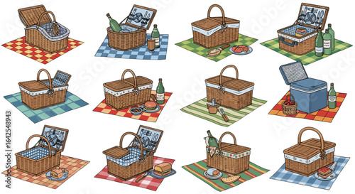 Collection of picnic baskets with various food items and drinks on checkered blankets displayed neatly