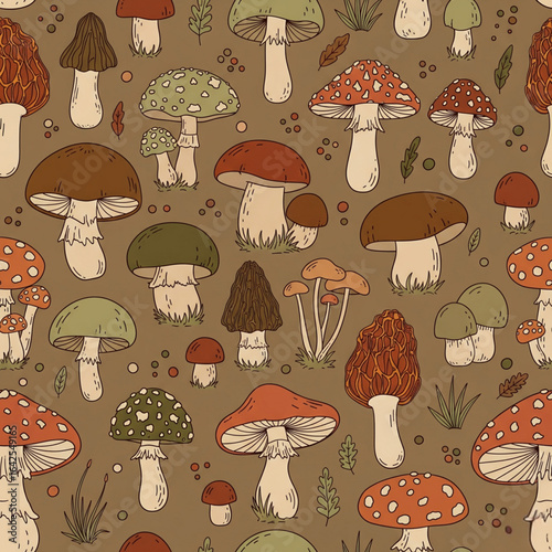Cute forest mushrooms pattern, doodle style, vector format, seamless background, earthy tones