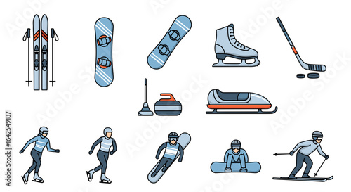 Illustration showcasing various winter sports equipment and athletes in action on the snow and ice