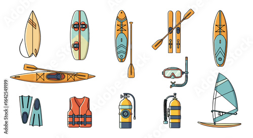 Assortment of water sports equipment including surfboards kayaks and diving gear illustration style art