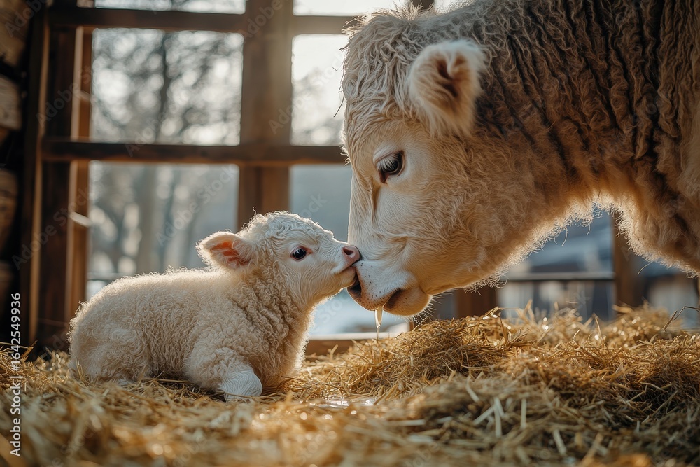 Obraz premium Tender Moment Between Lamb and Ewe in Barn Setting