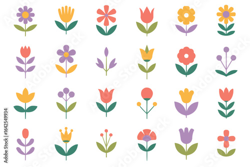 Twenty four folk art flowers and plants on white floral