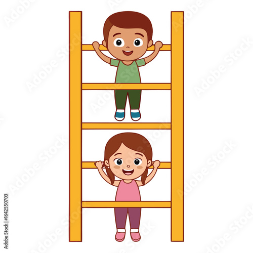 Happy cartoon kids, a boy and a girl, climbing a ladder together isolated on white