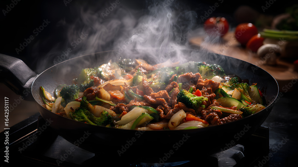 Ultra-realistic, centered top-down shot of a frying pan on a gas stove containing colorful vegetable and meat stir fry, with no smoke or steam, studio spotlight on the pan, deep black background, larg Ultra-realistic, centered top-down shot of a frying pan on a gas stove containing colorful vegetable and meat stir fry, with no smoke or steam, studio spotlight on the pan, deep black background, larg