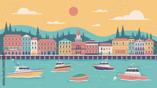 Waterfront cityscape with boats under a warm sky town
